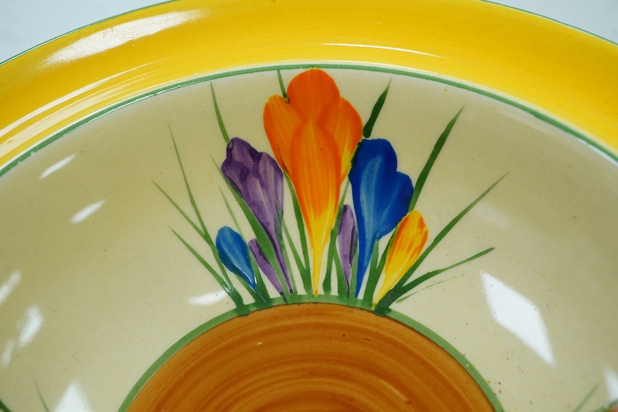 A Clarice Cliff Crocus pattern octagonal bowl and set of six dishes, largest 23cm wide. Condition - good